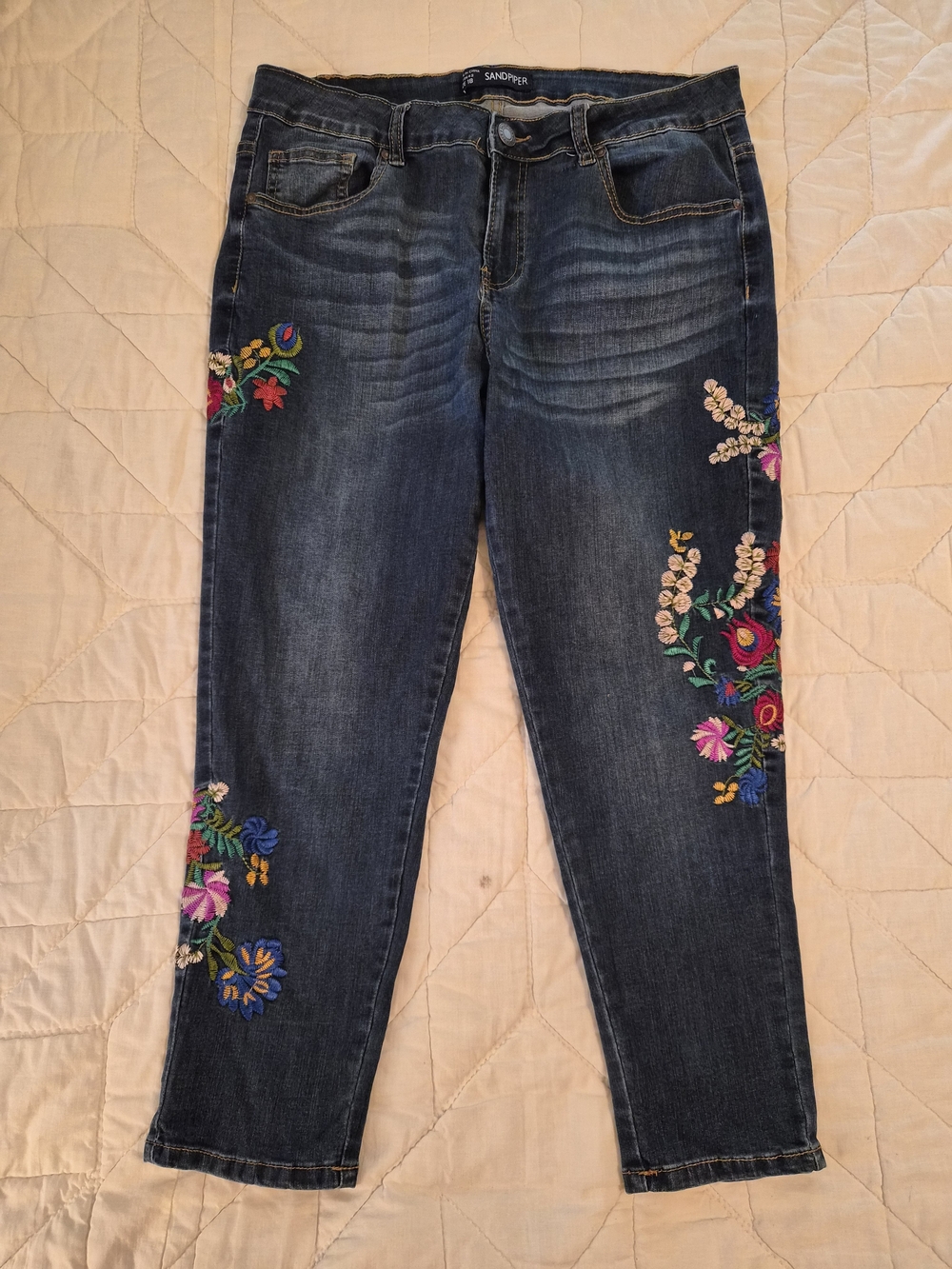 Dark Wash Embroidered Women’s Jeans - Blue with Multicolor Floral - Picture 2 of 12